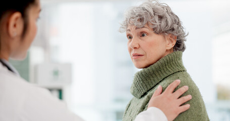 Medical, shoulder pain and an old woman with her doctor in the hospital, talking during a...
