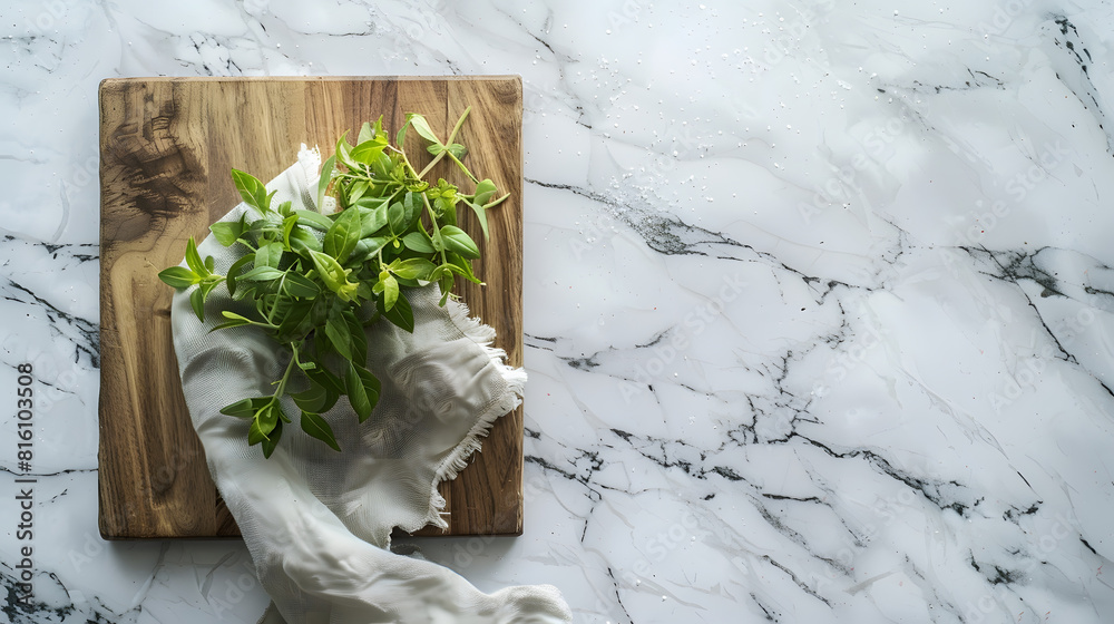 Poster wood cutting board with linen napkin and plant on marble table with copy space top view : generative