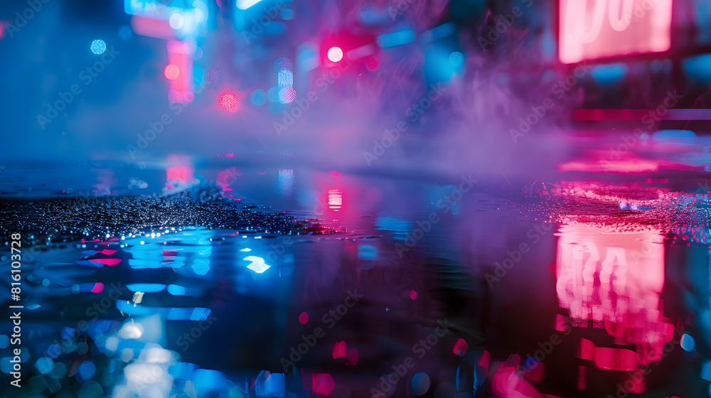 Poster wet asphalt reflection of neon lights a searchlight smoke abstract light in a dark empty street with