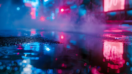Obraz premium Wet asphalt reflection of neon lights a searchlight smoke Abstract light in a dark empty street with smoke smog Dark background scene of empty street night view night city : Generative AI