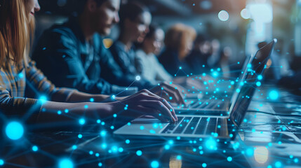 Photo realistic of Business team collaborating on cost saving project with laptops in modern office environment   strategic planning and tech integration concept