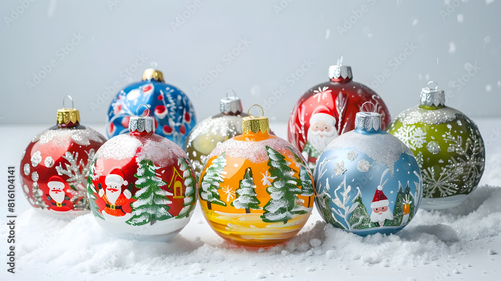 Poster group of colorful christmas ball with drawing of santa claus and trees on a white snow background : 