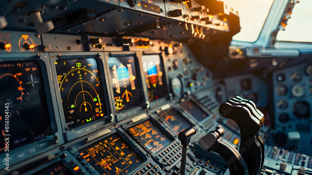 Poster Control panel and control equipment of plane in cockpit Plane cockpit with many function to control plane monitor equipment in plane cockpit and operation by pilot and copilot in plane : Generative AI