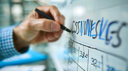 A businessman writing "Cost Savings" on a whiteboard during a meeting, showcasing strategic planning, teamwork, and financial management in business   Photo Realistic Image for Ado