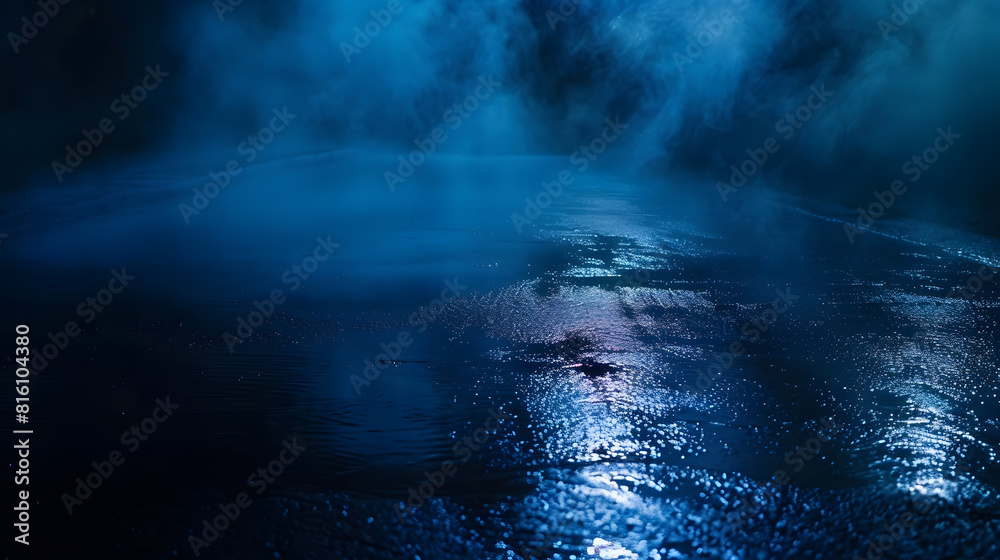 Poster Dark street wet asphalt reflections of rays in the water Abstract dark blue background smoke smog Empty dark scene neon light spotlights Concrete floor : Generative AI