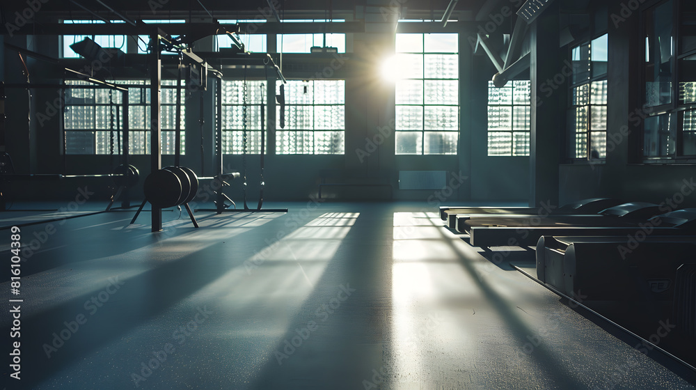 Aufkleber empty gym and interior space or dark room with window and light flare for exercise training and fitn