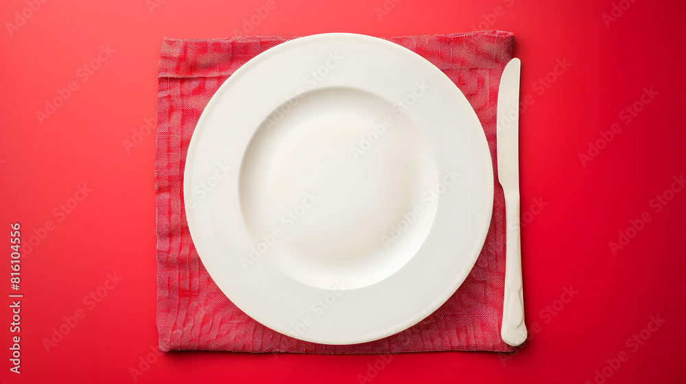 Leinwandbilder Top view on colored background empty round white plate on tablecloth for food Empty dish on napkin with space for your design : Generative AI