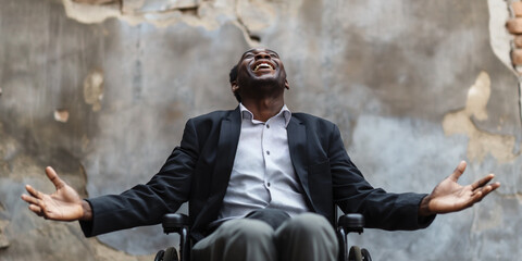 Happy African american businessman on a wheelchair. Power of Inclusion: Celebrating Diversity in Motion.