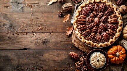 Top view of a pecan pie on white plate, wooden table. Generative AI