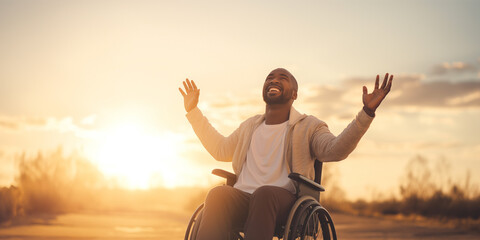 Happy handsome young African american disabled man on a wheelchair praising the lord. sunset outdoors. Enabling Smiles: Healing Through Adaptive Living.
