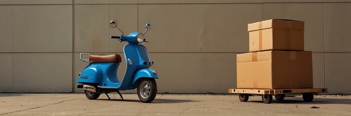 blue Scooter on yellow background. Delivery concept with Brown boxes.