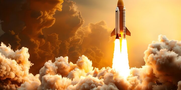 Yellow Rocket Launching with Realistic Cloud Smoke on Yellow Background - Depicting a Startup Concept. Concept Product Launch, Business Startup, Innovative Technology, Entrepreneurial Spirit