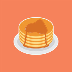 Pancakes on plate with caramel and maple syrup sweet vector illustration. Tasty holiday cake food isolated on white.
