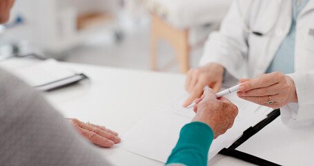 Hands, signature and doctor with patient and paperwork for healthcare and insurance. Talking,...