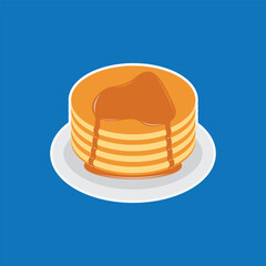 Pancakes on plate with caramel and maple syrup sweet vector illustration. Tasty holiday cake food isolated on white.