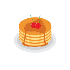 Pancakes on plate with caramel and maple syrup sweet vector illustration. Tasty holiday cake food isolated on white.