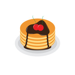 Pancakes on plate with cream and chocolate syrup sweet vector illustration. Tasty holiday cake food isolated on white