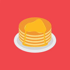 Pancakes on plate with cream and honey syrup sweet vector illustration. Tasty holiday cake food isolated on white