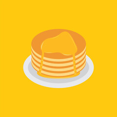 Pancakes on plate with cream and honey syrup sweet vector illustration. Tasty holiday cake food isolated on white