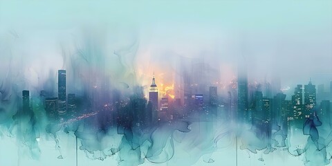 Urban Landscape Evolves from Abstract Smoke on Canvas, with Twinkling Lights in the Haze. Concept Abstract Artwork, Urban Landscape, Smoke on Canvas, Twinkling Lights, Hazy Atmosphere
