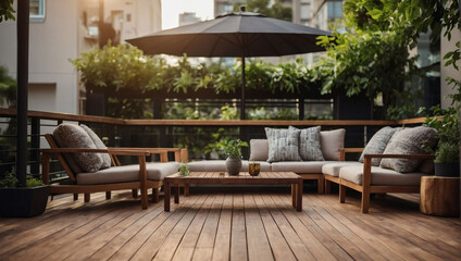 Stylish Urban Terrace, Modern Wood Deck, Greenery, and Furniture