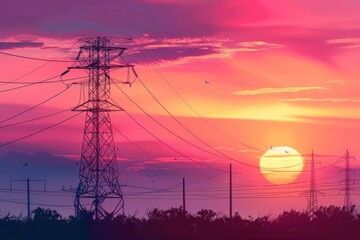 High-voltage poles carrying electricity generated by sunlight and illuminated by the rising sun. Generative AI