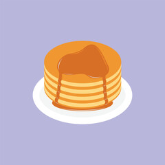 Pancakes on plate with caramel and maple syrup sweet vector illustration. Tasty holiday cake food isolated on white.