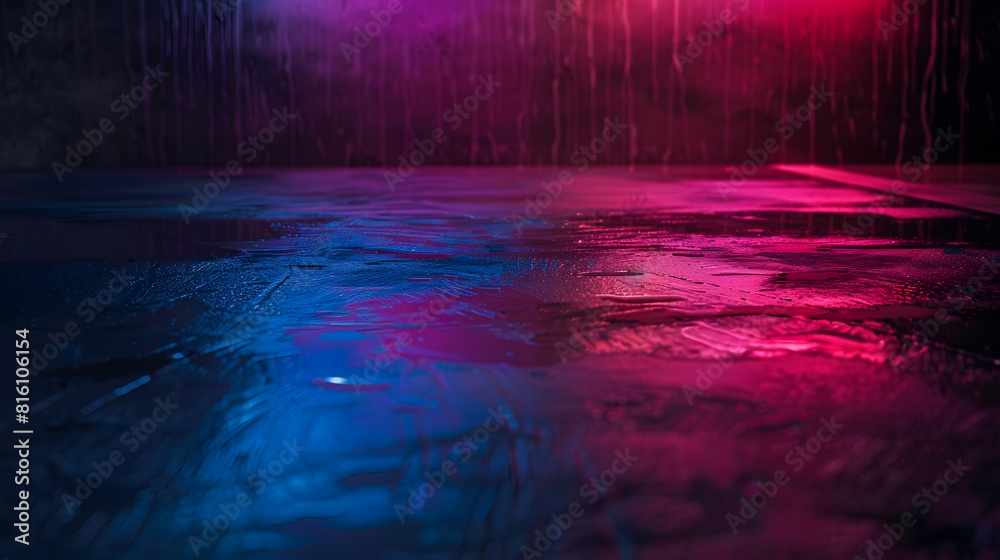Poster wet asphalt night view neon reflection on the concrete floor night empty stage studio dark abstract 