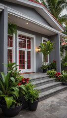 Stylish Abode, Grey Walls, White Trim, Red Roof, Tropical Greenery.