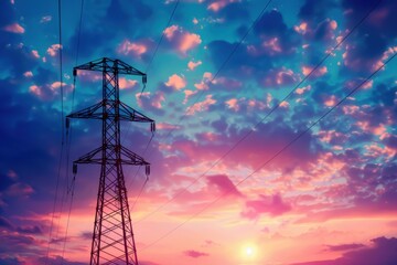 High-voltage poles carrying electricity generated by sunlight and illuminated by the rising sun. Generative AI
