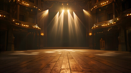 Wide shot of an Empty Elegant Classic Theatre with Spotlight Shot from the Stage Welllit Opera...
