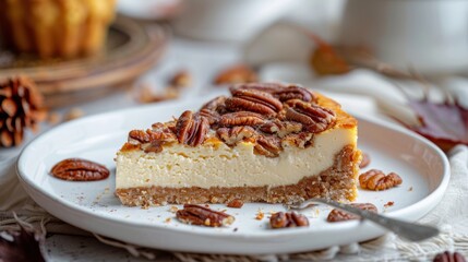 Slice of pecan pie cheesecake dessert, fall season baking, Thanksgiving