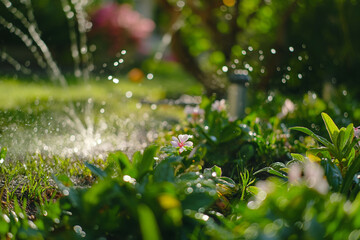 A liquid sprinkler moistens the grassy lawn creating a natural landscape. Generative AI