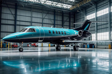 Fototapeta premium A blue jet is parked in a hangar. Private jet parked in light blue hangar for aircraft maintenance and repair services