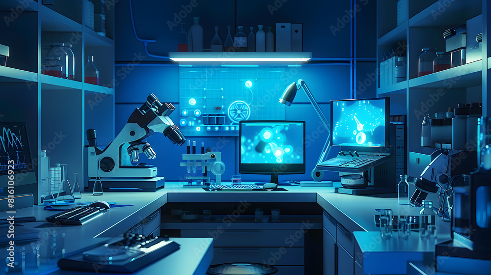 Aufkleber Modern medical research laboratory Empty workplace of a scientist or researcher with computers microscope test tubes flasks and magnifying lamp Dark biochemical laboratory in the blue  : Generative AI