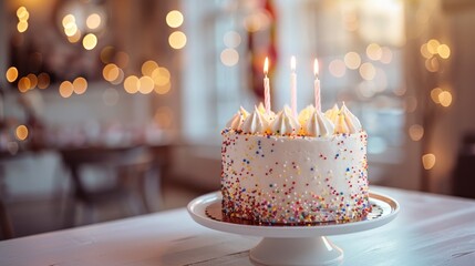 Birthday cake with candles, birthday party for children, children having fun, colorful cake, happy birthday. Generative AI