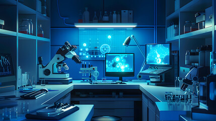 Modern medical research laboratory Empty workplace of a scientist or researcher with computers microscope test tubes flasks and magnifying lamp Dark biochemical laboratory in the blue  : Generative AI