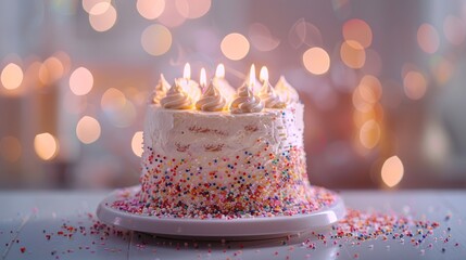 Birthday cake with candles, birthday party for children, children having fun, colorful cake, happy birthday. Generative AI