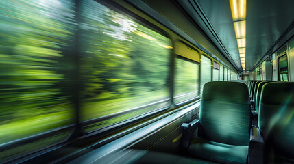 Passenger train with empty seats Wideangle long exposure blurry green background out the window of...