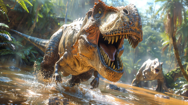 Portrait of angry t-rex in the prehistorical lake in jungle