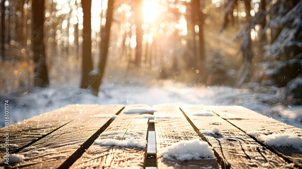 Poster vintage winter background empty wooden table blurry forest snow sunshine and bookeh effect : generat