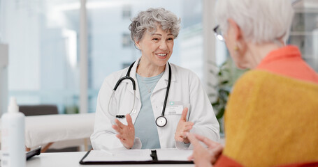 Old woman, senior or doctor with patient in consultation for healthcare advice or hospital checkup...