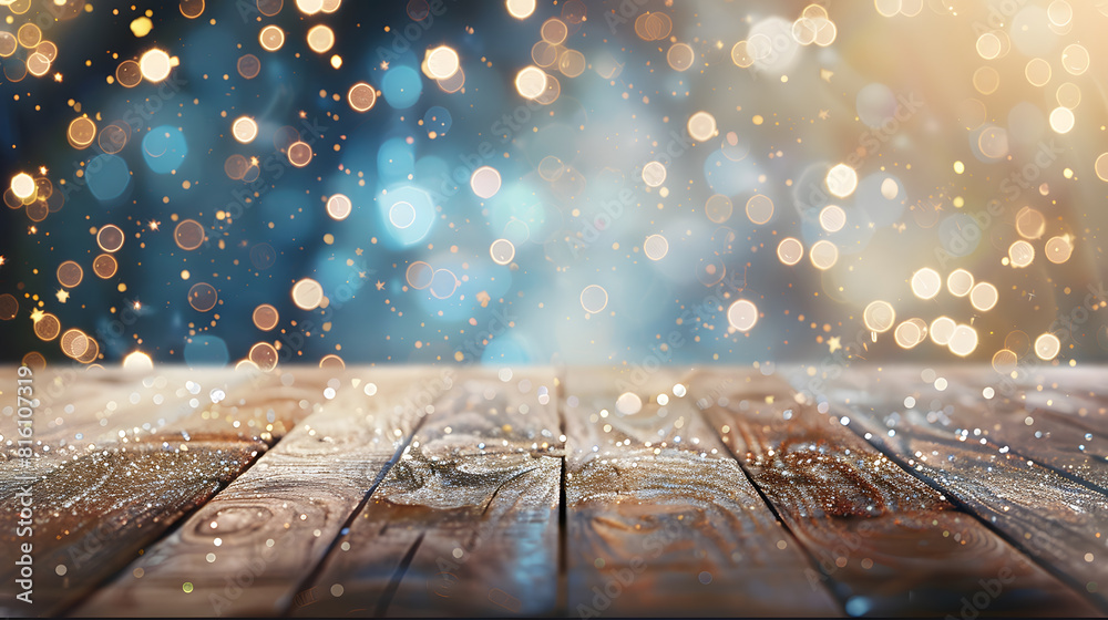 Aufkleber glittering christmas holiday background with empty wooden table in front : generative ai