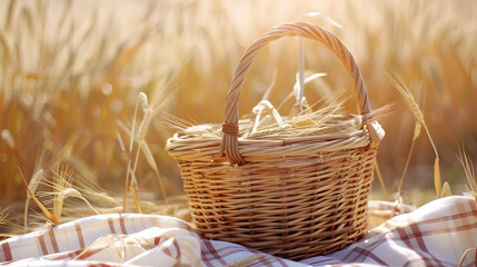 Empty wooden basket on table with tablecloth over wheat field background  Jewish holiday Shavuot mock up for design and product display : Generative AI