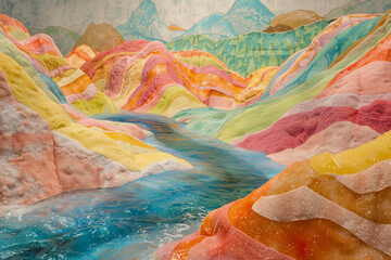 Naklejka premium A colorful mountain range with a river running through it