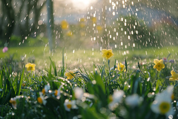 Fototapeta premium Sprinkler watering flowers in natural landscape with sunlight on grassy field. Generative AI