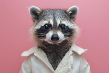 Obraz premium Adorable Raccoon in White Shirt Posing Against Pink Background