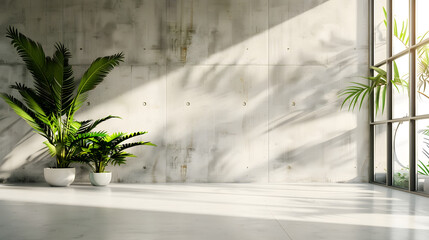 Blank concrete wall in modern empty room with tropical plant garden Luxury house interior with green palm trees Minimal architecture design : Generative AI