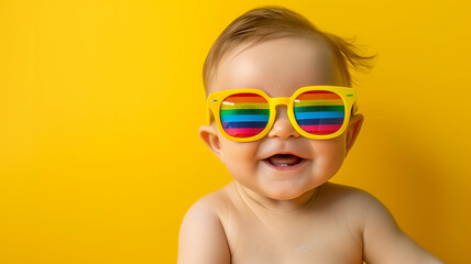 Fototapeta premium baby with an expression of pure joy, wearing gigantic, neon green sunglasses