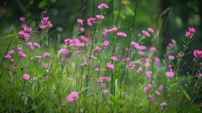 Blooming pink flowers in the woodland